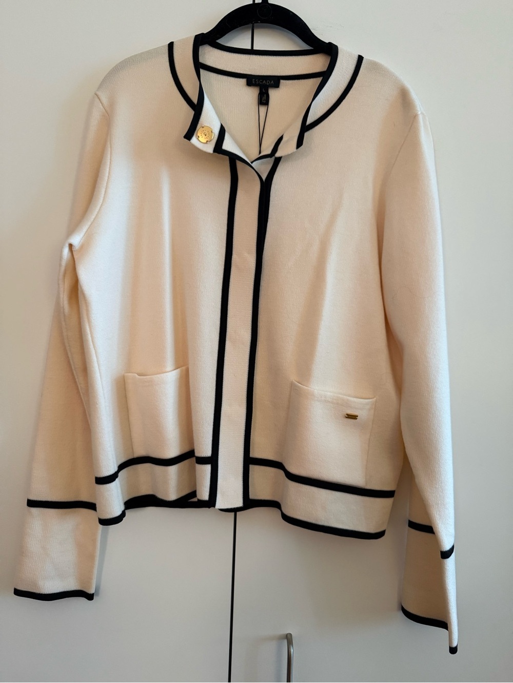 Escada Cream Contrast-Trim Knit Jacket - Size Large